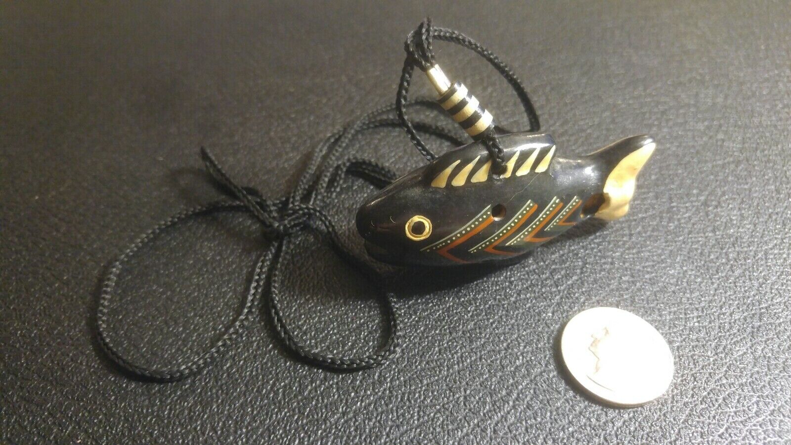 Vintage Handcarved Wooden Fish Whistle On Black Cord, Hand Painted, Souvenir