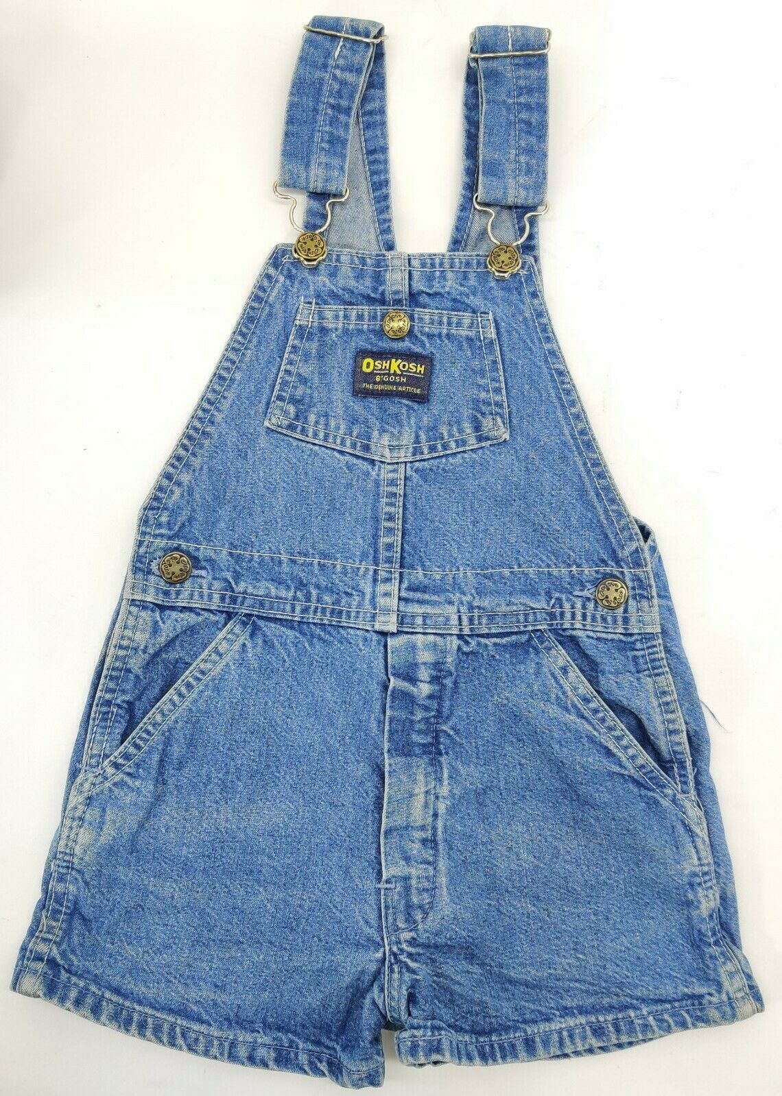 Oshkosh Bgosh Blue Denim Overalls Shorts Kid Size 7 Vintage Faded Bottom Vestbak