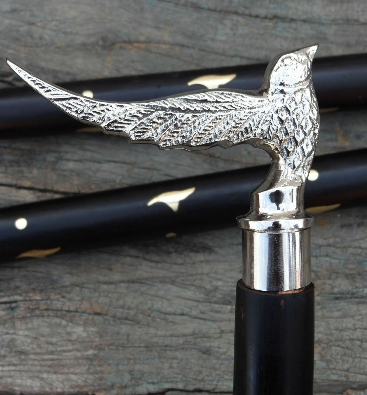 Brass Silver Beautiful Bird Look Head Handle Black Wooden Walking Stick Cane New