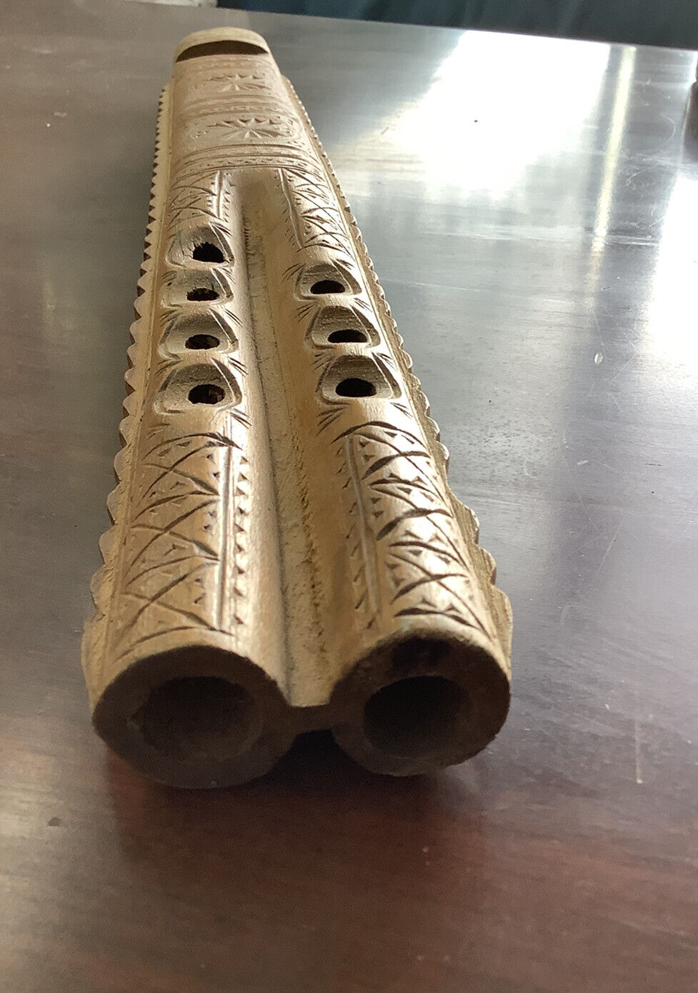 Vintage Hand Carved Double Flute Made From Single Piece Of Wood