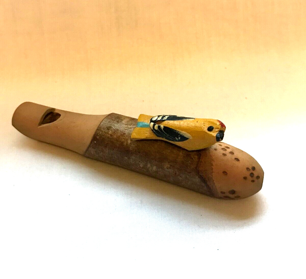 Vintage Folk Art Wood Whistle With Carved Hand Painted Bird