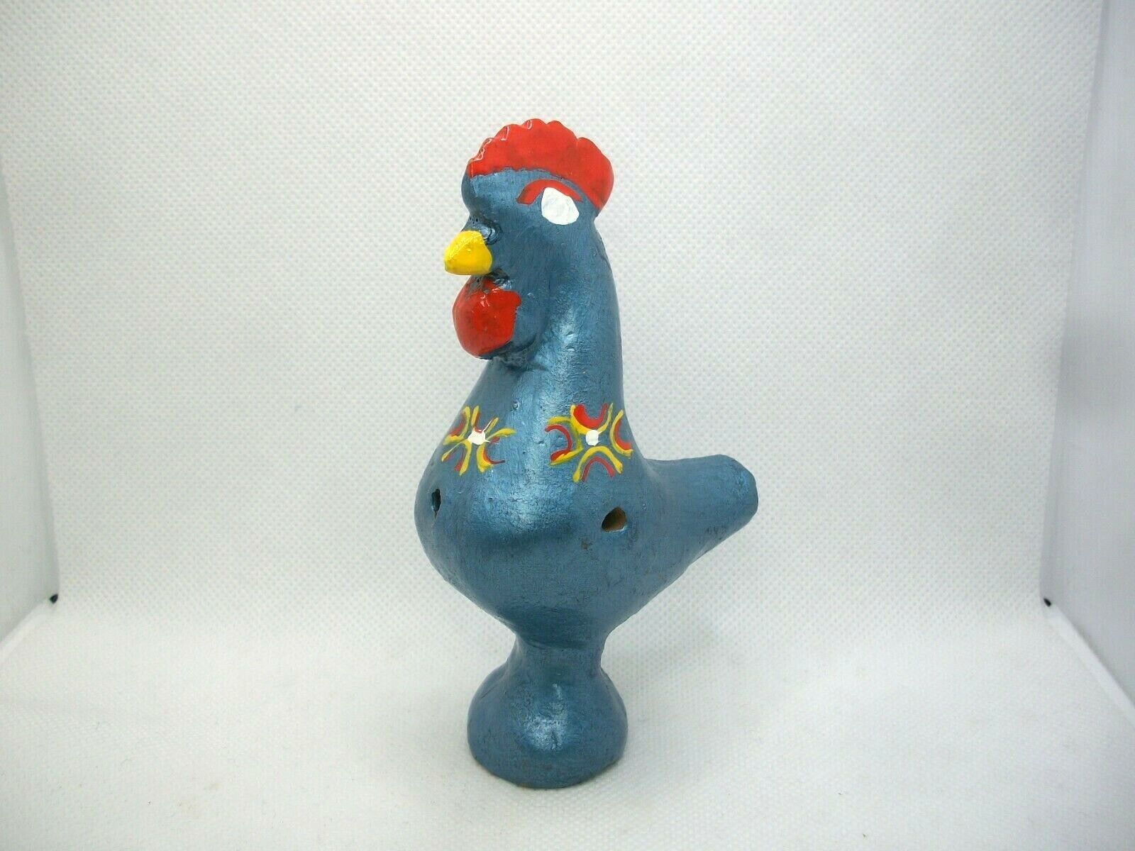Vintage Folk Art Clay Blue Rooster Whistle Figurine Handmade