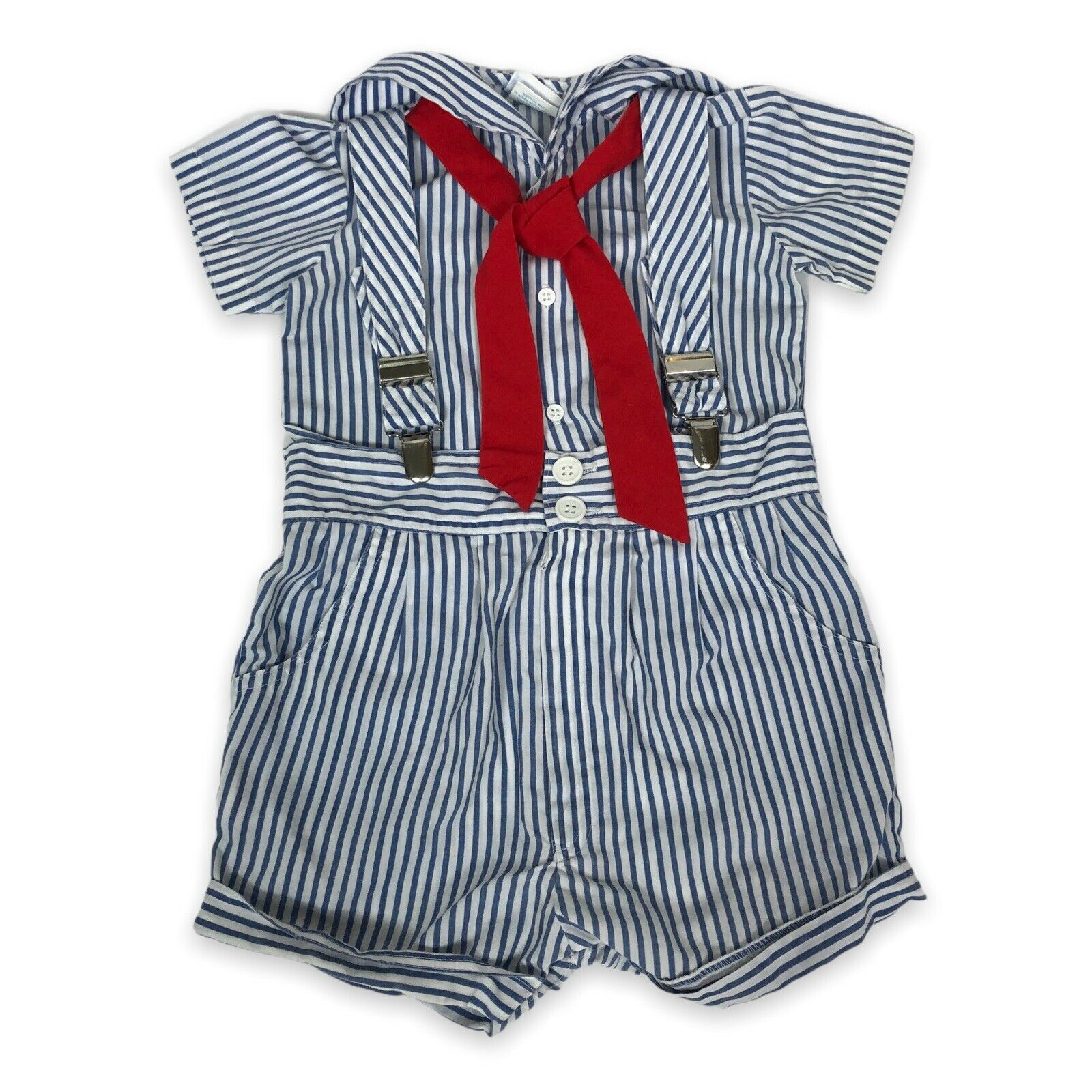 Vtg 60s Rosy Kids Baby Boy Sailor Overalls Set 18m Blue Striped W/ Suspenders