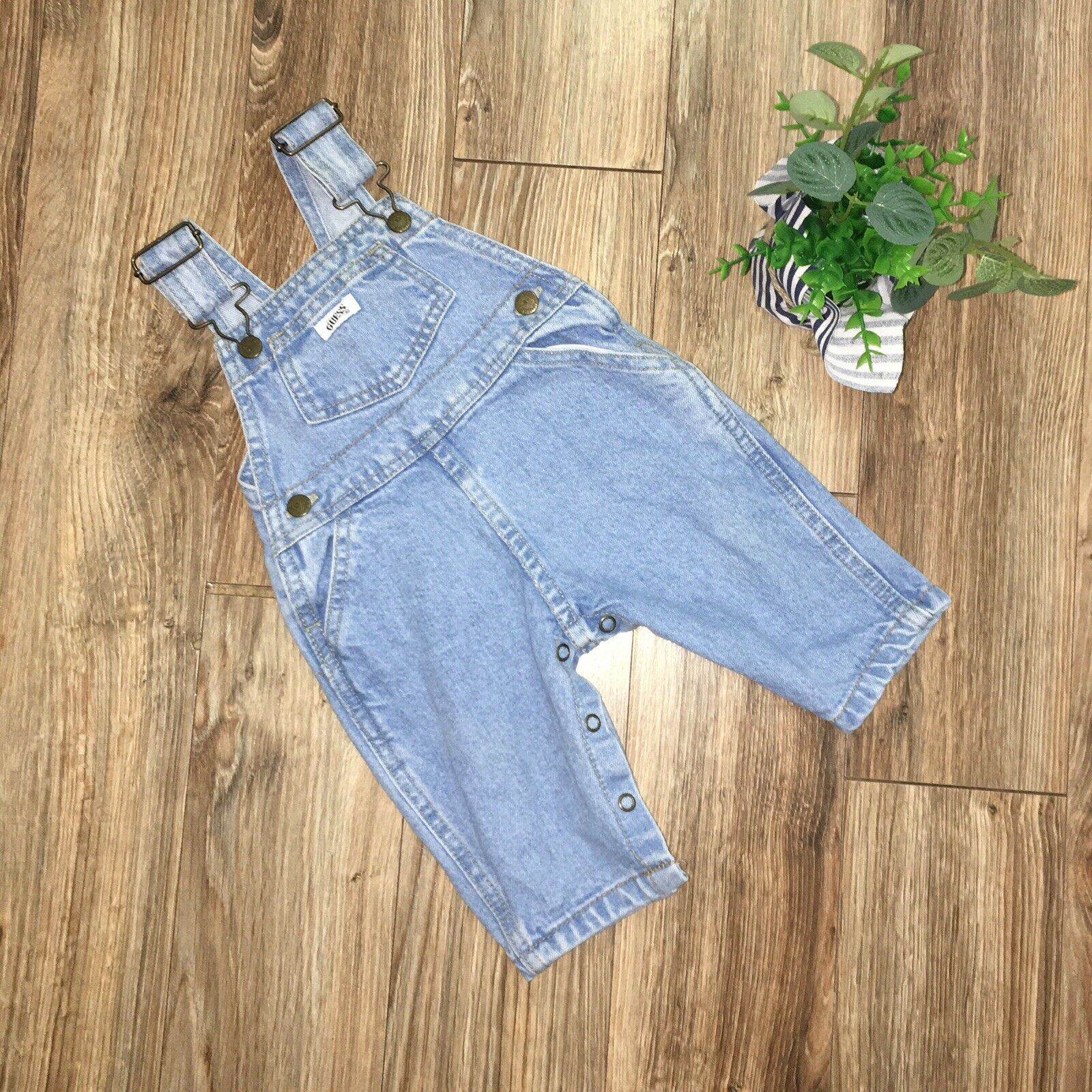 Vtg 90's Guess Baby Triangle Logo Denim Bibs Overalls 6 M Snap Button